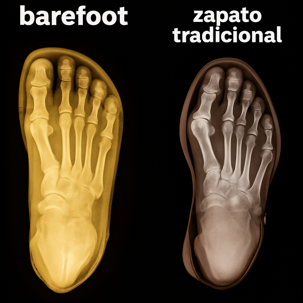 Comparación de rayos x de un pie en calzado convencional y un pie en calzado barefoot — diferencias visuales